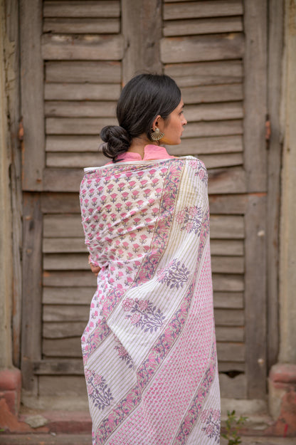 Kaisori Aira pink tulip cotton hanblockprinted saree