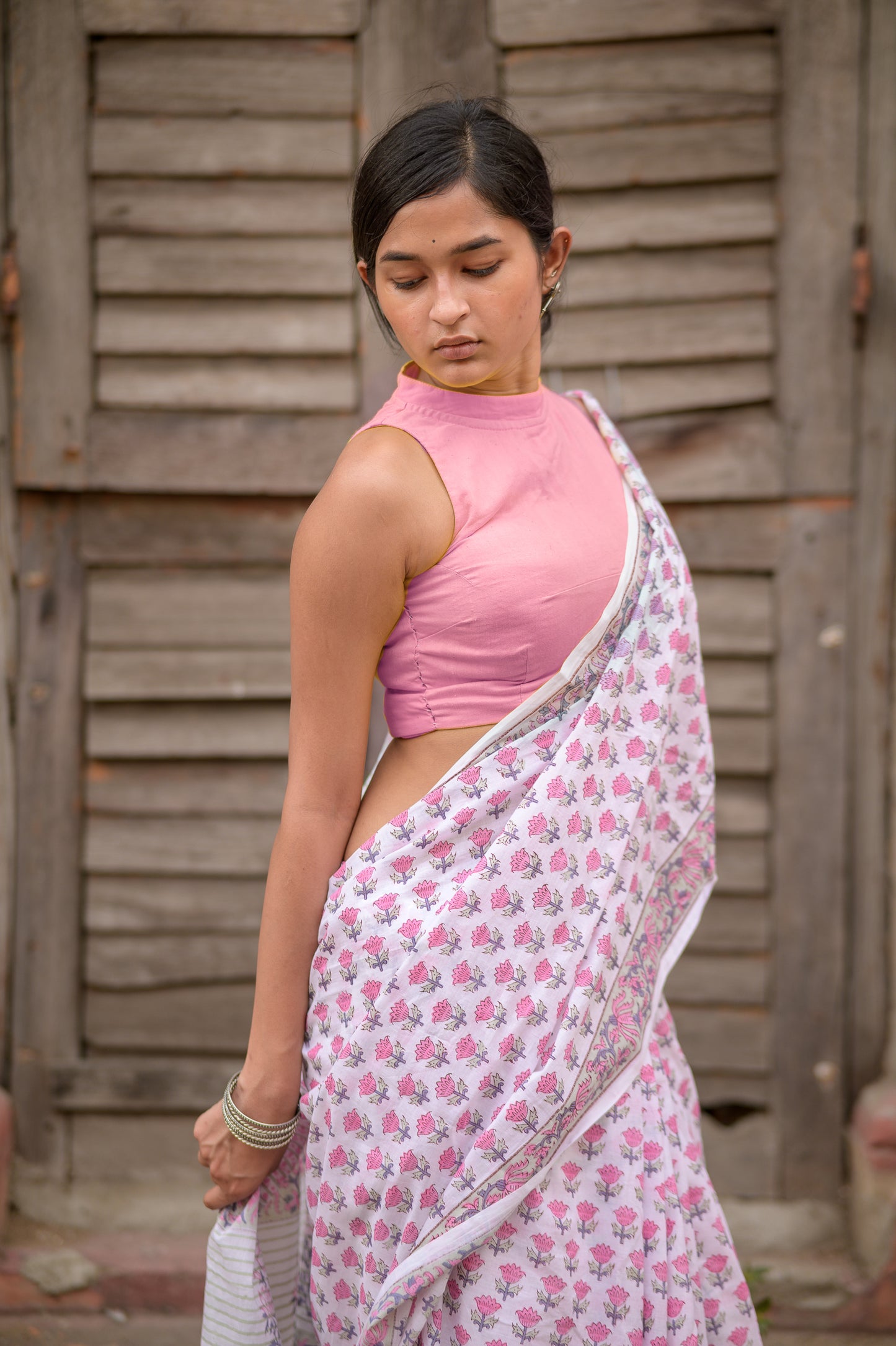 Kaisori Aira pink tulip cotton hanblockprinted saree