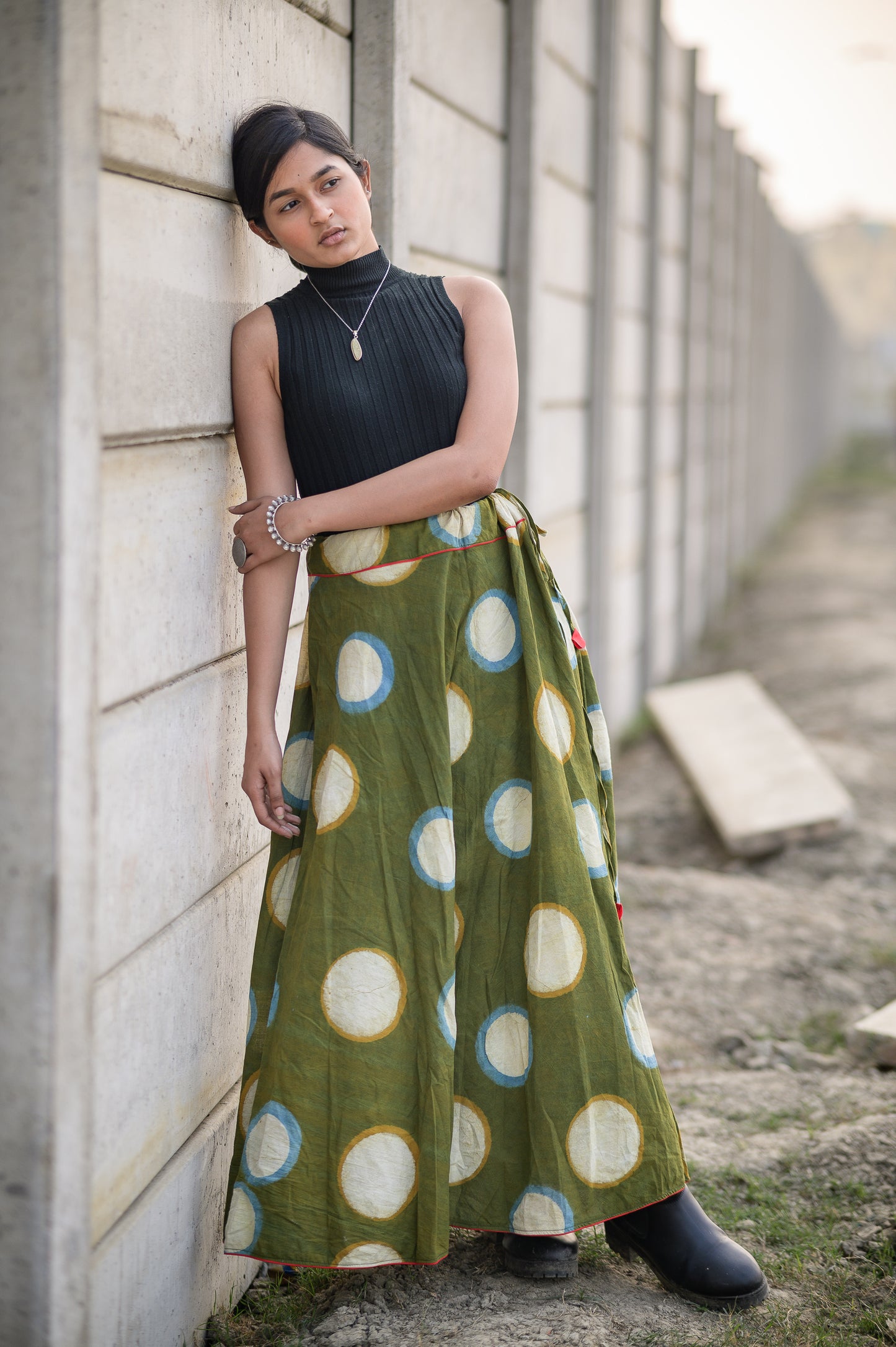 Natural dyed cotton long light green skirt -Noor -  Ahira