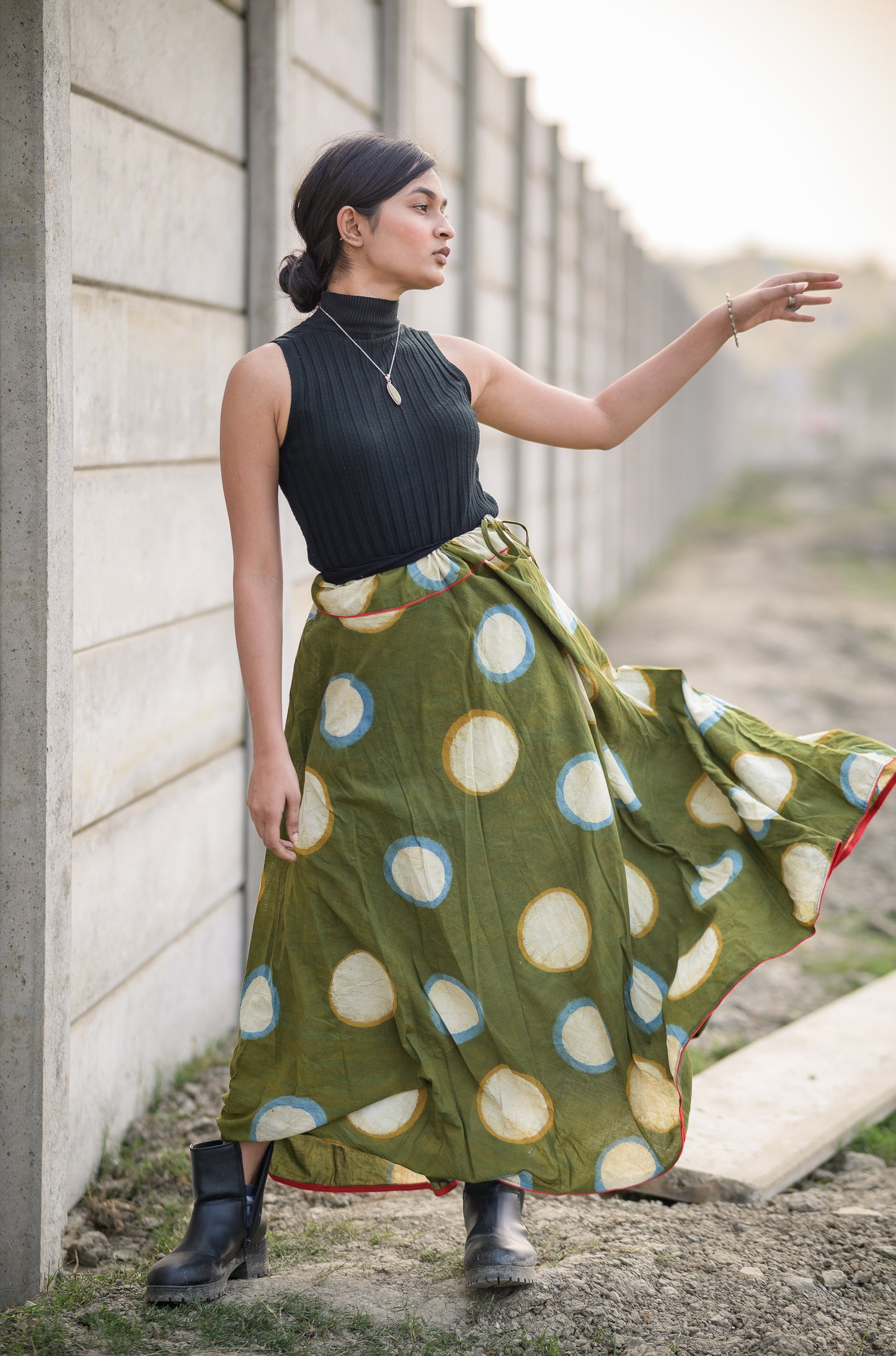 Natural dyed cotton long light green skirt -Noor -  Ahira