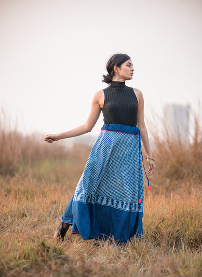 Natural dyed cotton long indigo print skirt -Noor -  Asma