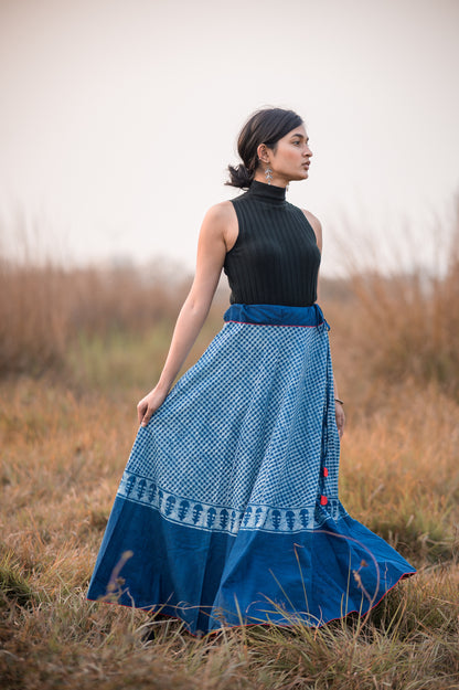 Natural dyed cotton long indigo print skirt -Noor -  Asma