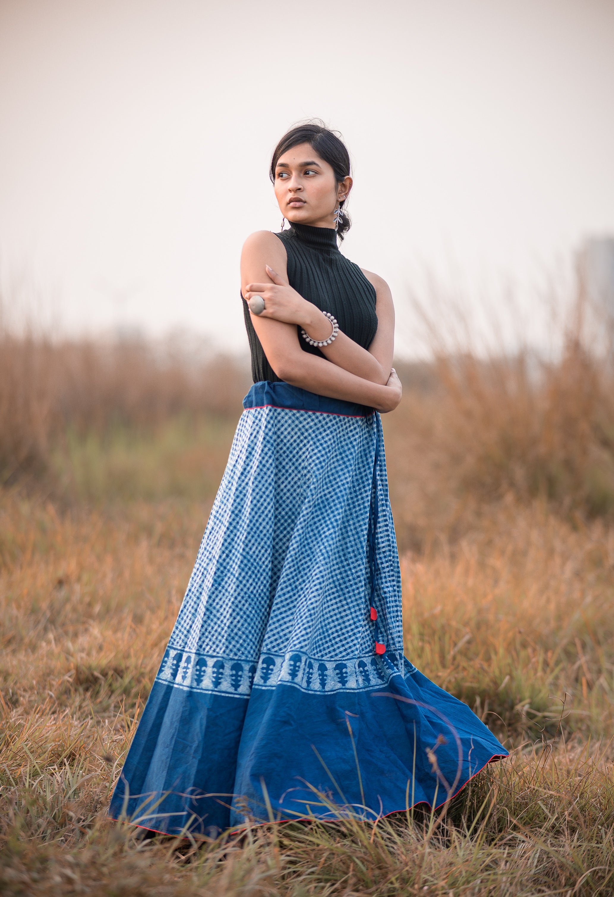 Kaisori Indigo Dabu striped handblockprinted  skirt