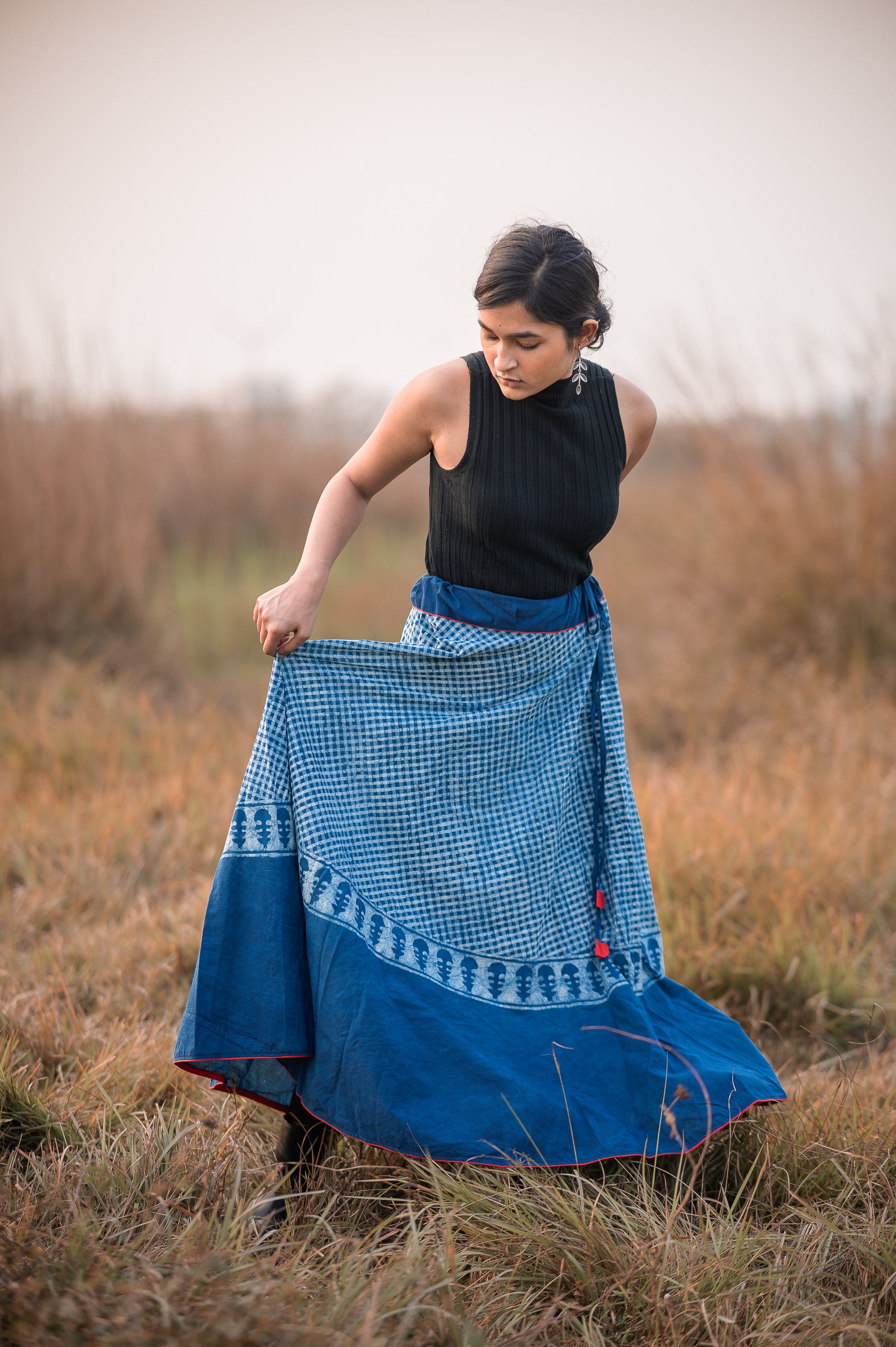 Kaisori Indigo Dabu striped handblockprinted  skirt
