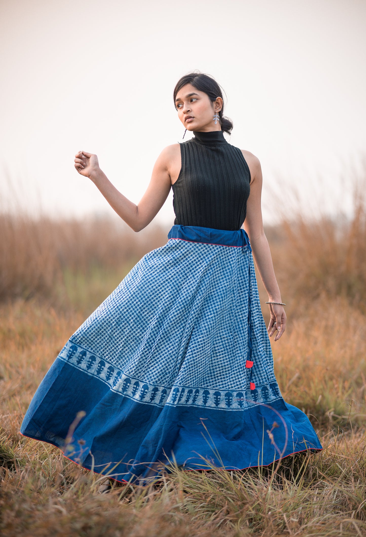 Natural dyed cotton long indigo print skirt -Noor -  Asma