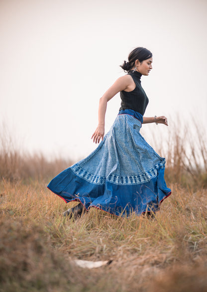 Natural dyed cotton long indigo print skirt -Noor -  Asma