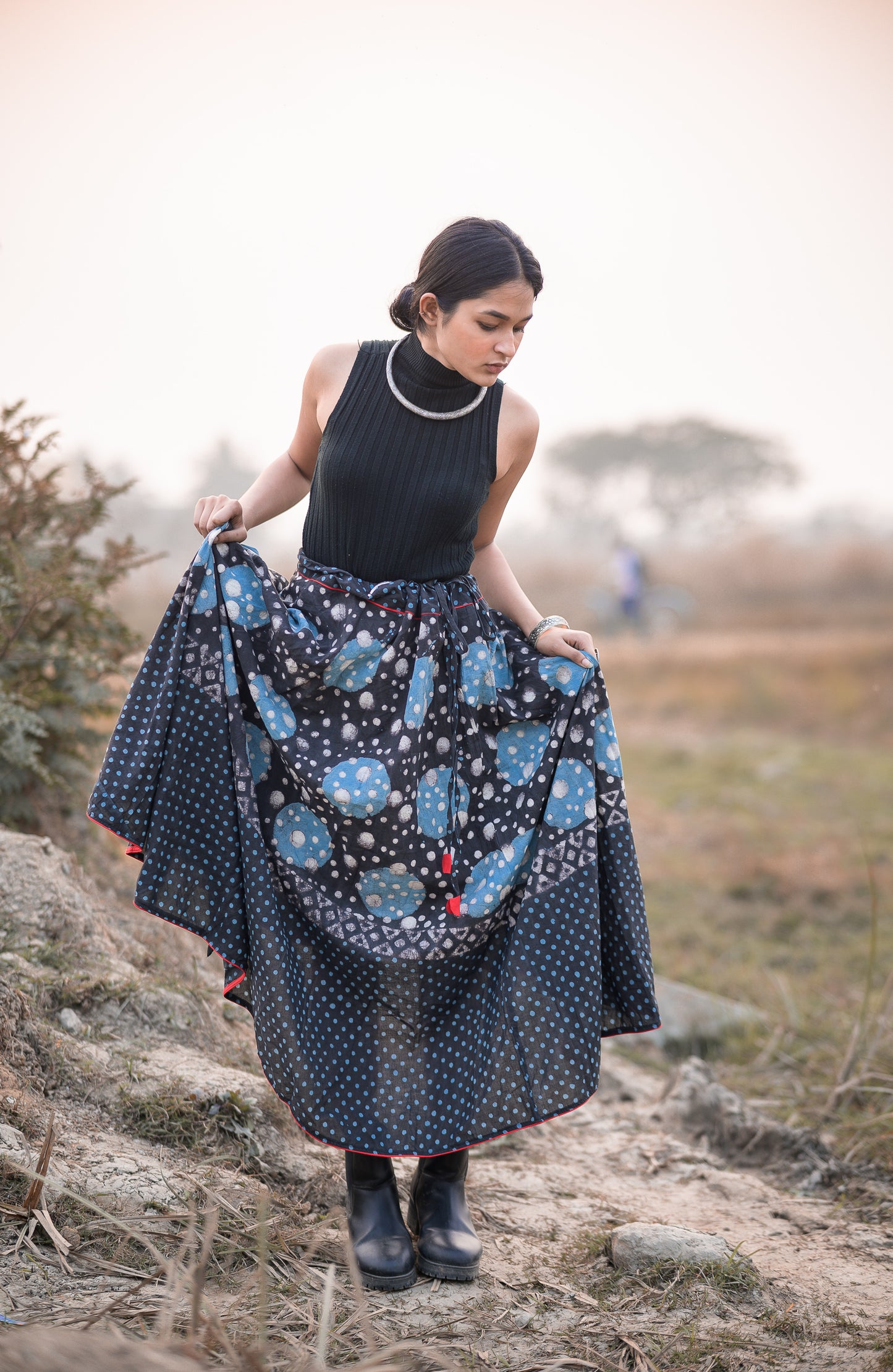 Dabu printed indigo print skirt - Noor - Chand