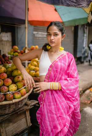 Kaisori Aira Leheriya pink striped  Kota hanblockprinted  saree