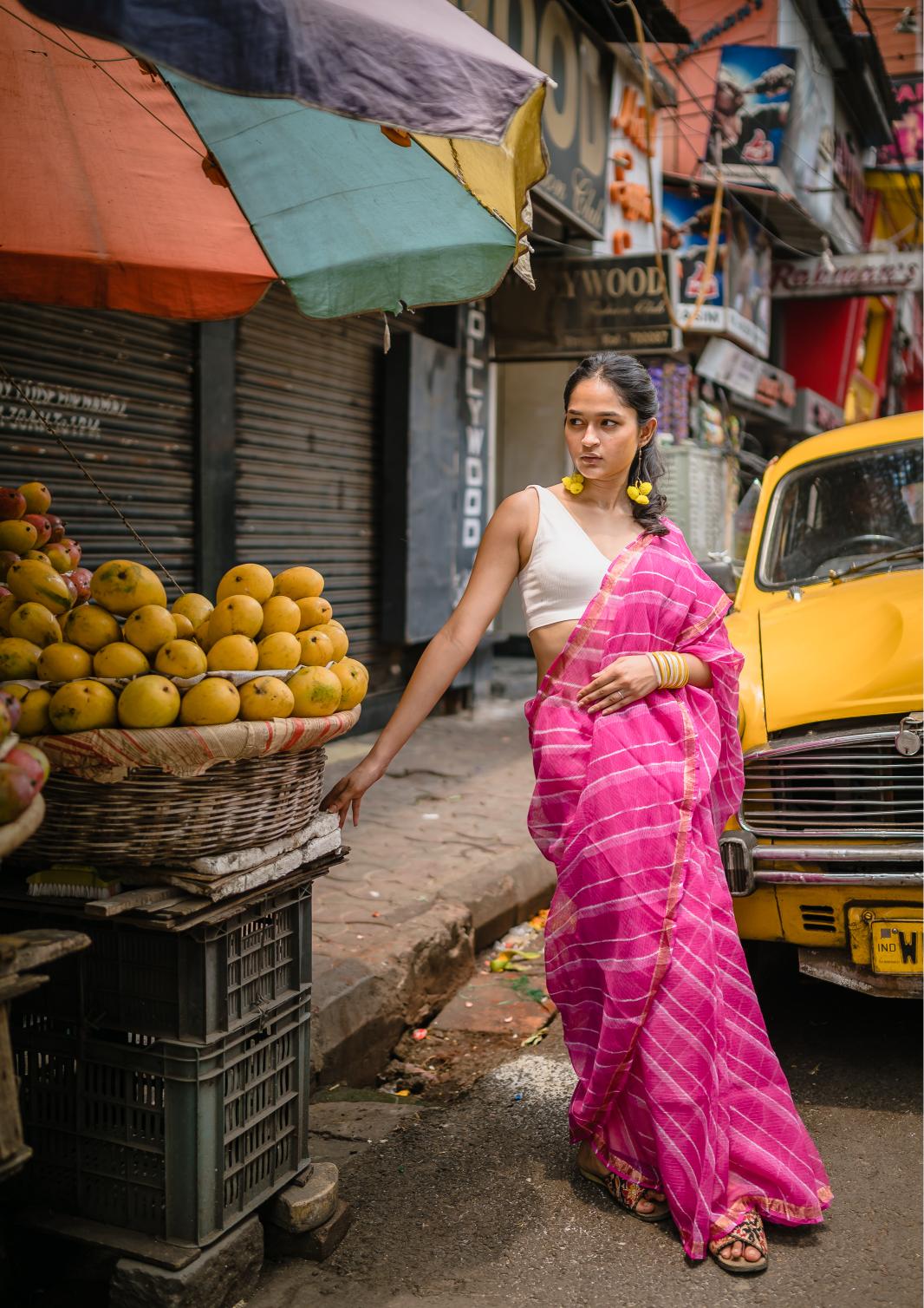 Kaisori Aira Leheriya pink striped  Kota hanblockprinted  saree