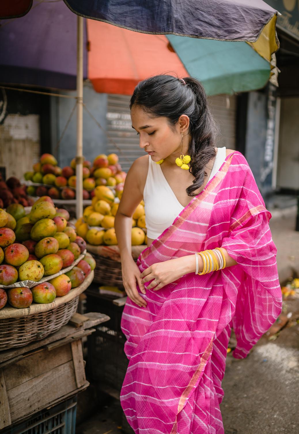 Kaisori Aira Leheriya pink striped  Kota hanblockprinted  saree