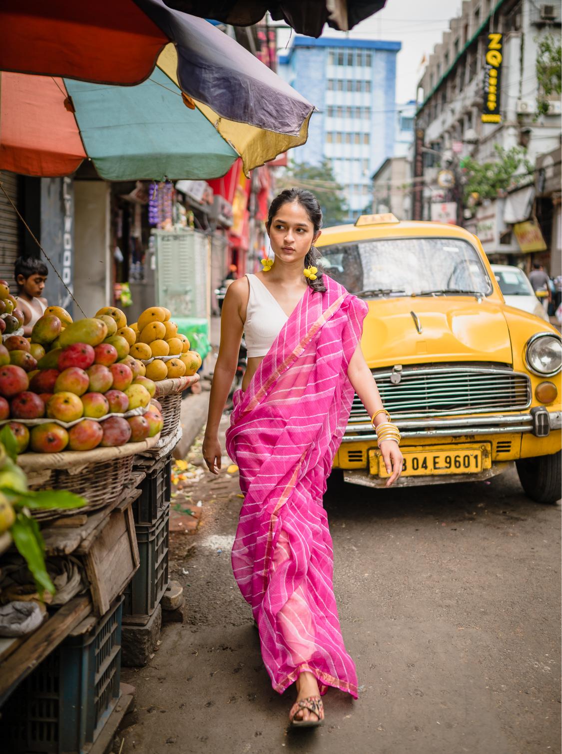 Kaisori Aira Leheriya pink striped  Kota hanblockprinted  saree