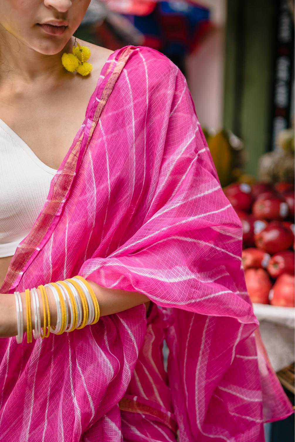 Kaisori Aira Leheriya pink striped  Kota hanblockprinted  saree