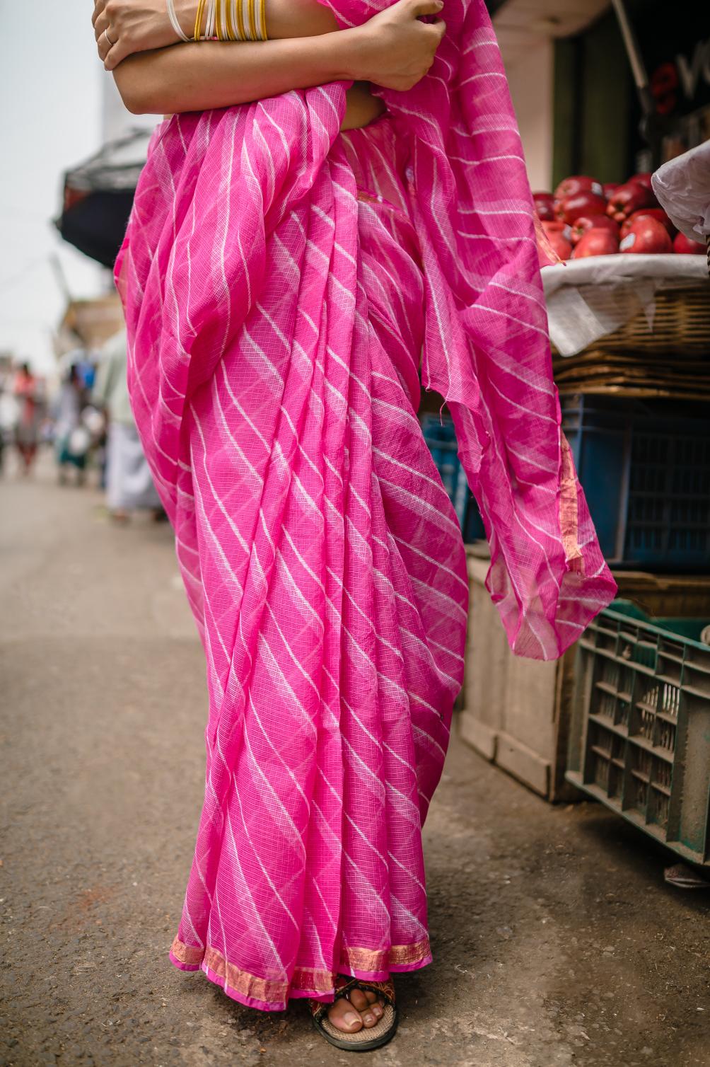 Kaisori Aira Leheriya pink striped  Kota hanblockprinted  saree