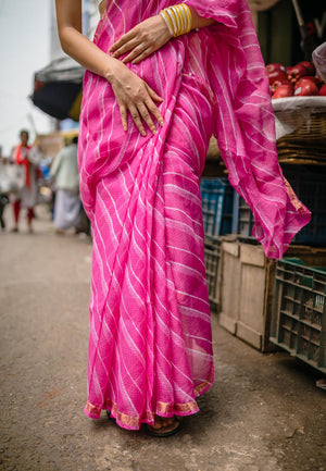 Kaisori Aira Leheriya pink striped  Kota hanblockprinted  saree