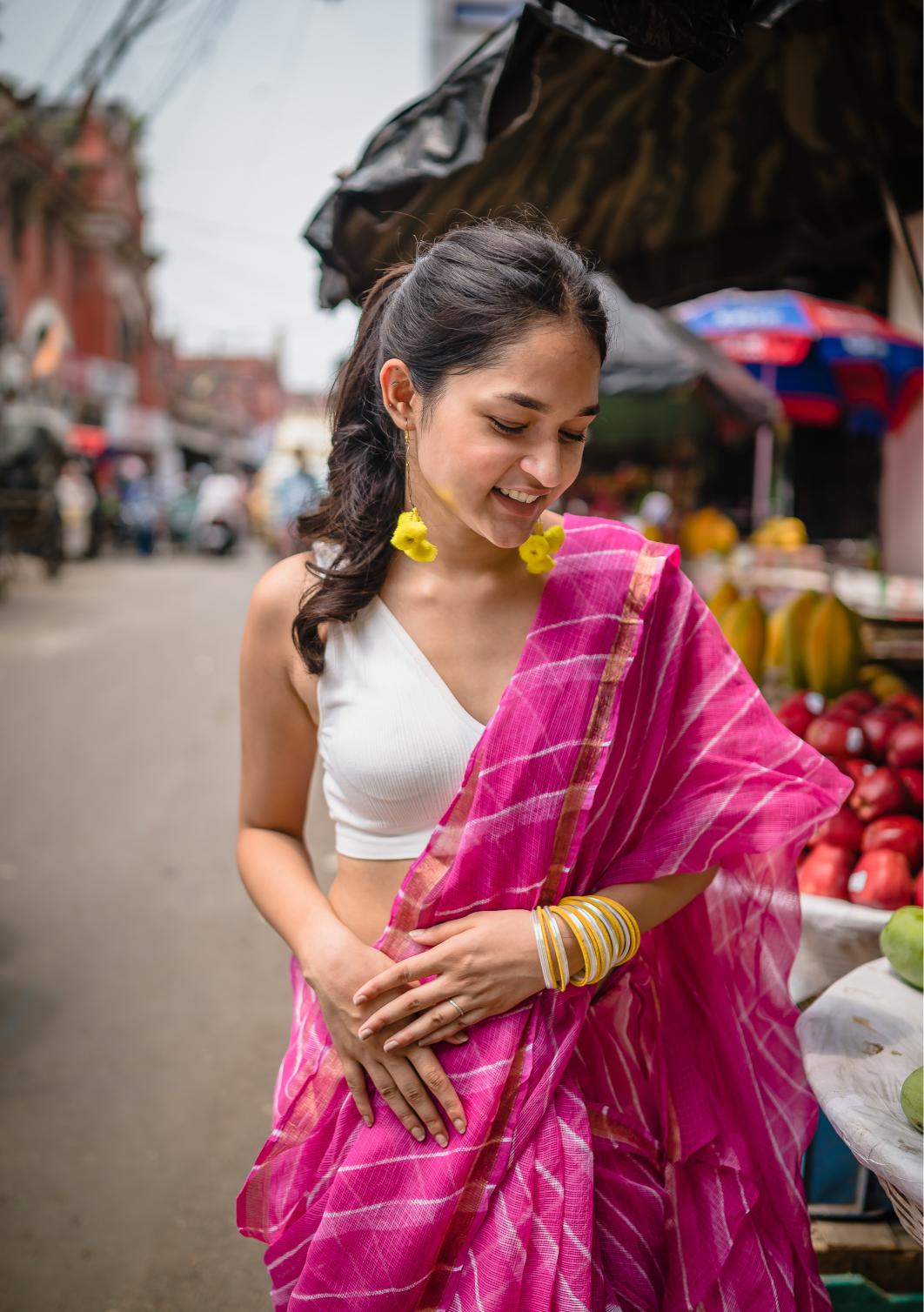 Kaisori Aira Leheriya pink striped  Kota hanblockprinted  saree