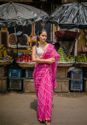 Kaisori Aira Leheriya pink striped  Kota hanblockprinted  saree