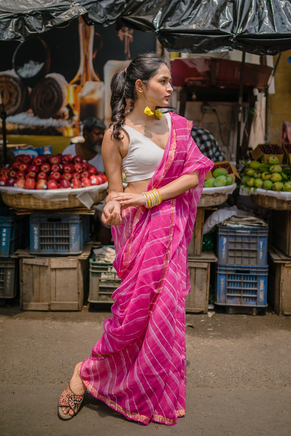 Kaisori Aira Leheriya pink striped  Kota hanblockprinted  saree