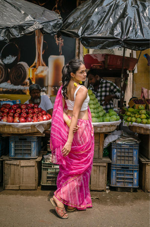 Kaisori Aira Leheriya pink striped  Kota hanblockprinted  saree