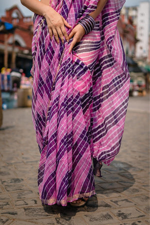 Kaisori Aira Leheriya purple pink striped  Kota hanblockprinted  saree