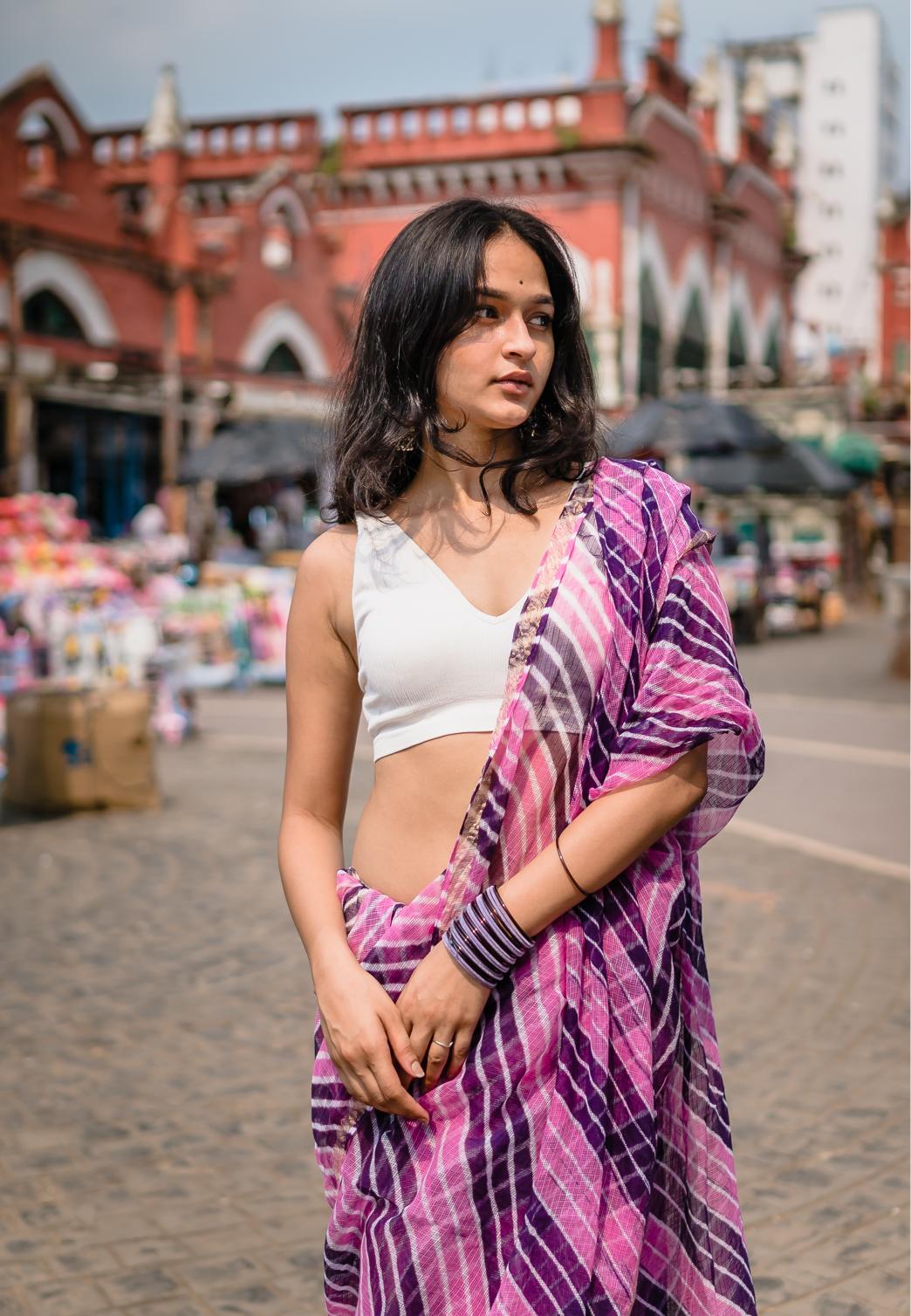 Kaisori Aira Leheriya purple pink striped  Kota hanblockprinted  saree