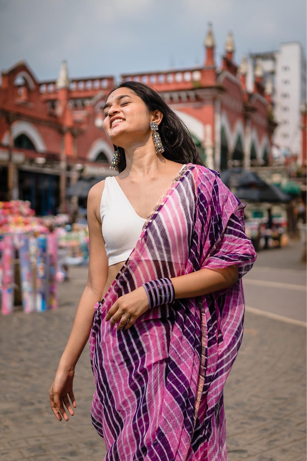 Kaisori Aira Leheriya purple pink striped  Kota hanblockprinted  saree