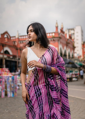 Kaisori Aira Leheriya purple pink striped  Kota hanblockprinted  saree