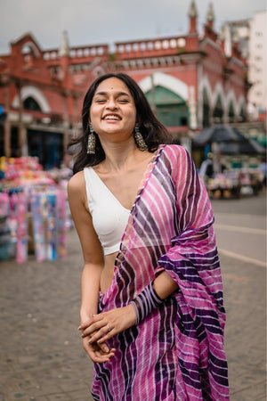 Kaisori Aira Leheriya purple pink striped  Kota hanblockprinted  saree