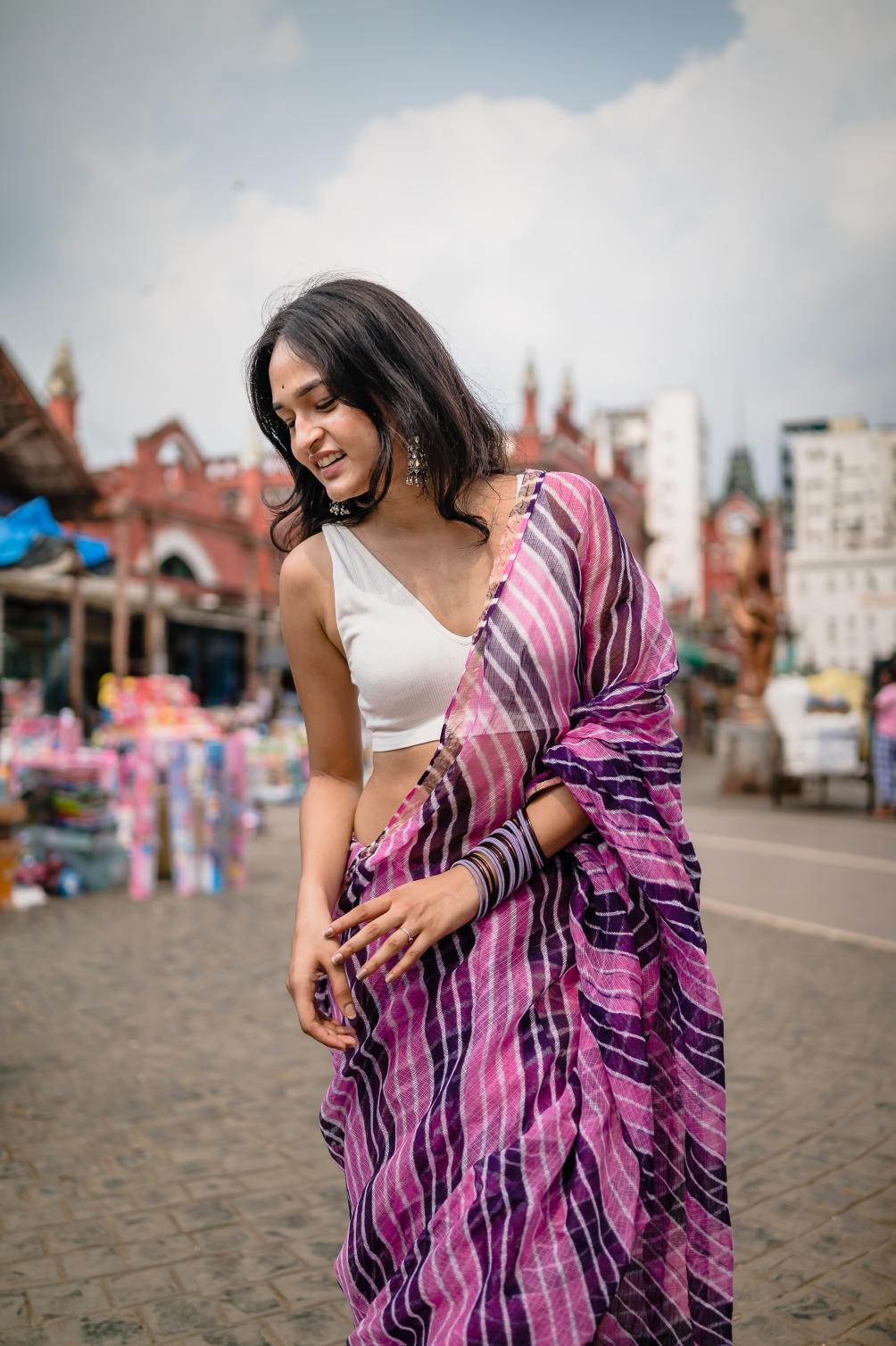 Kaisori Aira Leheriya purple pink striped  Kota hanblockprinted  saree