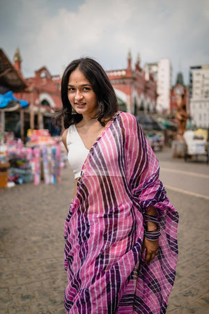 Kaisori Aira Leheriya purple pink striped  Kota hanblockprinted  saree