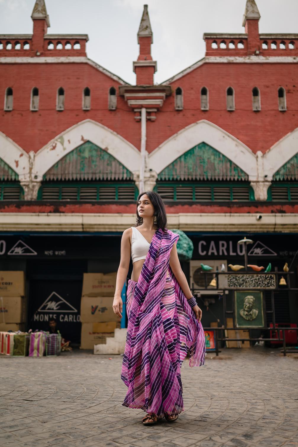 Kaisori Aira Leheriya purple pink striped  Kota hanblockprinted  saree