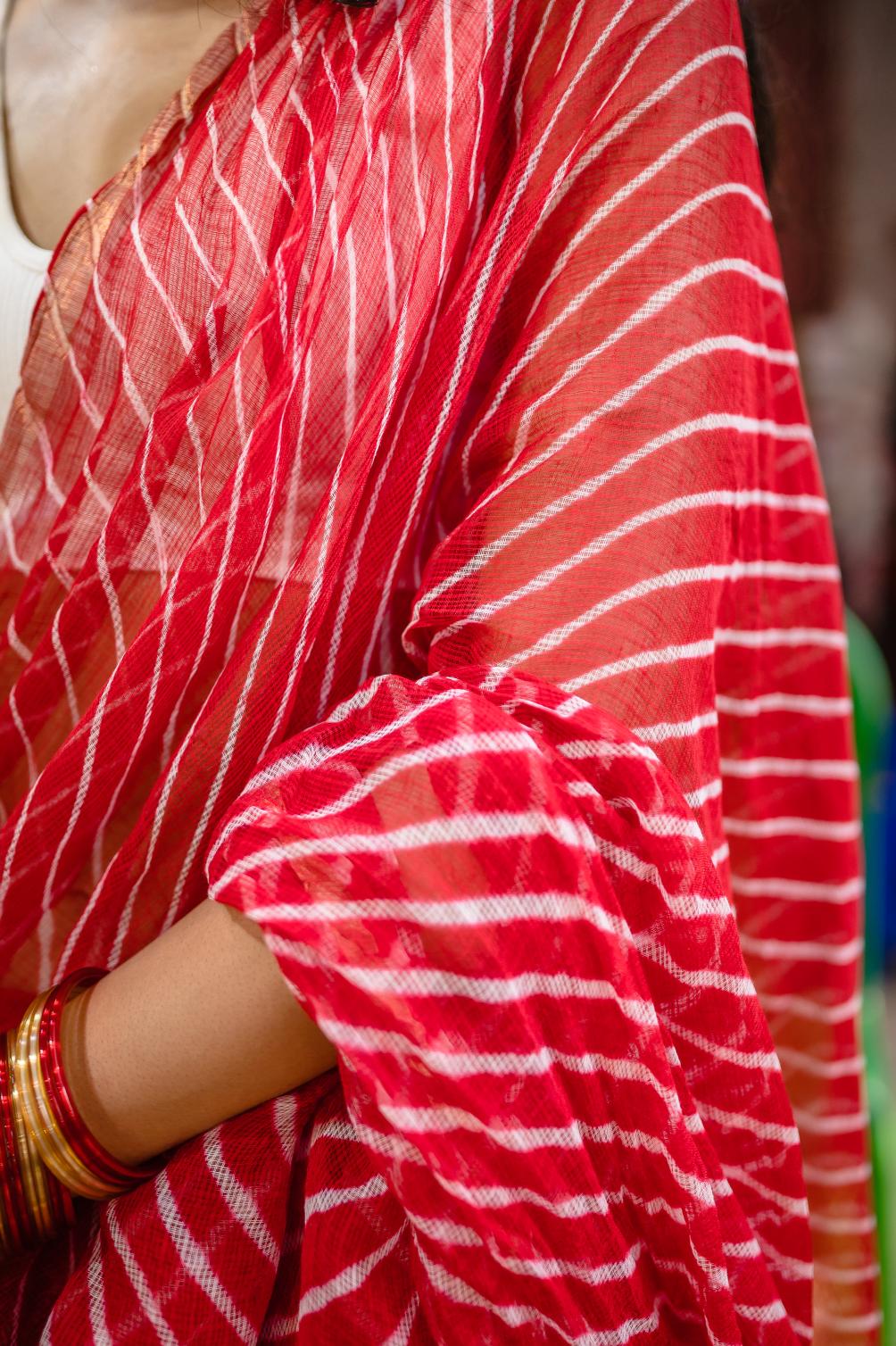 Kaisori Aira Leheriya Red striped  Kota hanblockprinted  saree