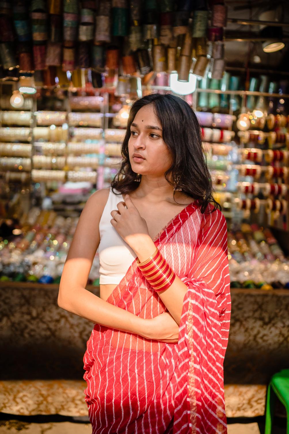 Kaisori Aira Leheriya Red striped  Kota hanblockprinted  saree