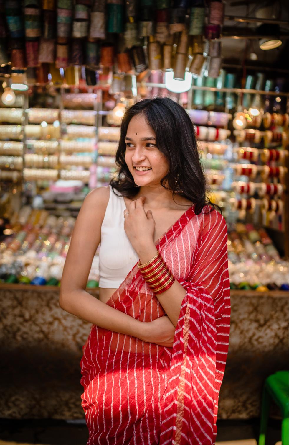 Kaisori Aira Leheriya Red striped  Kota hanblockprinted  saree