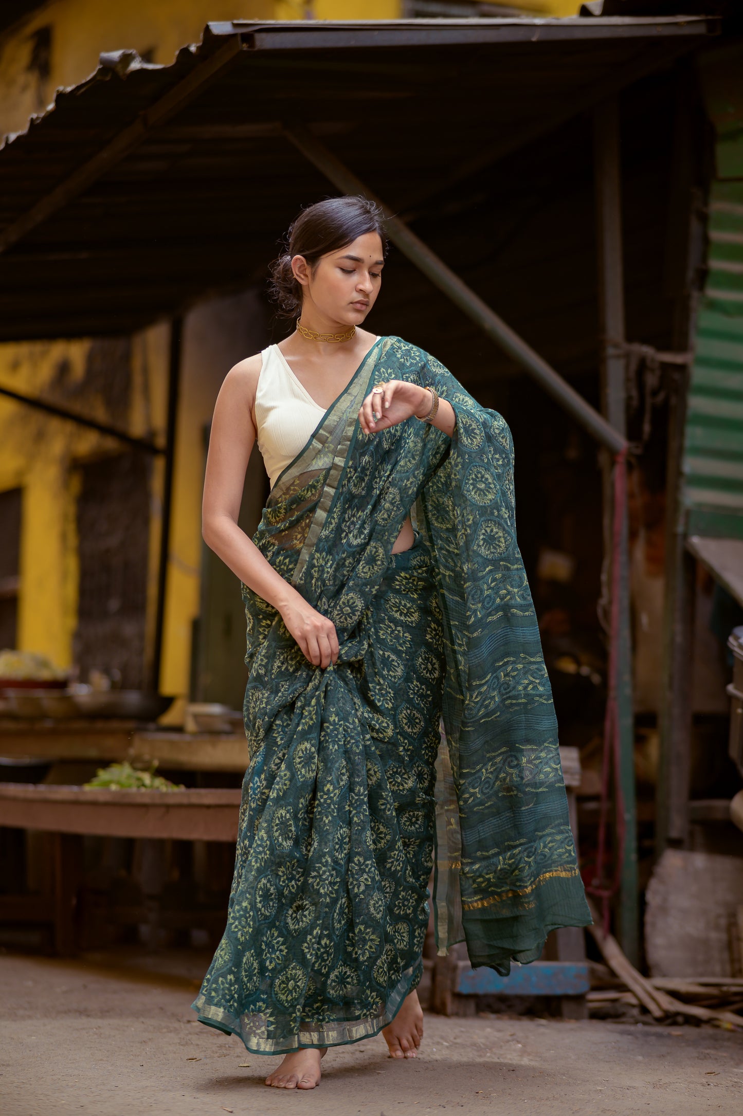 Natural dyed Dabu sarees - Malhar - Jamini