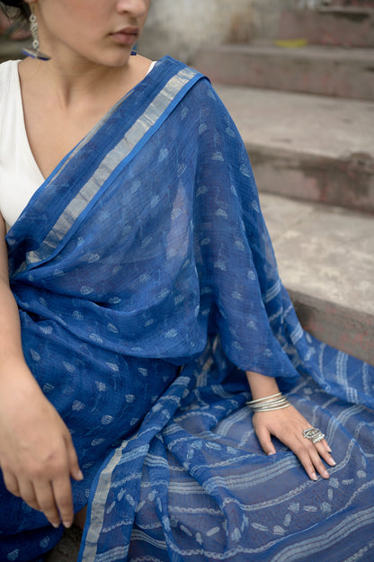 Natural dyed Dabu sarees - Malhar - Aasman