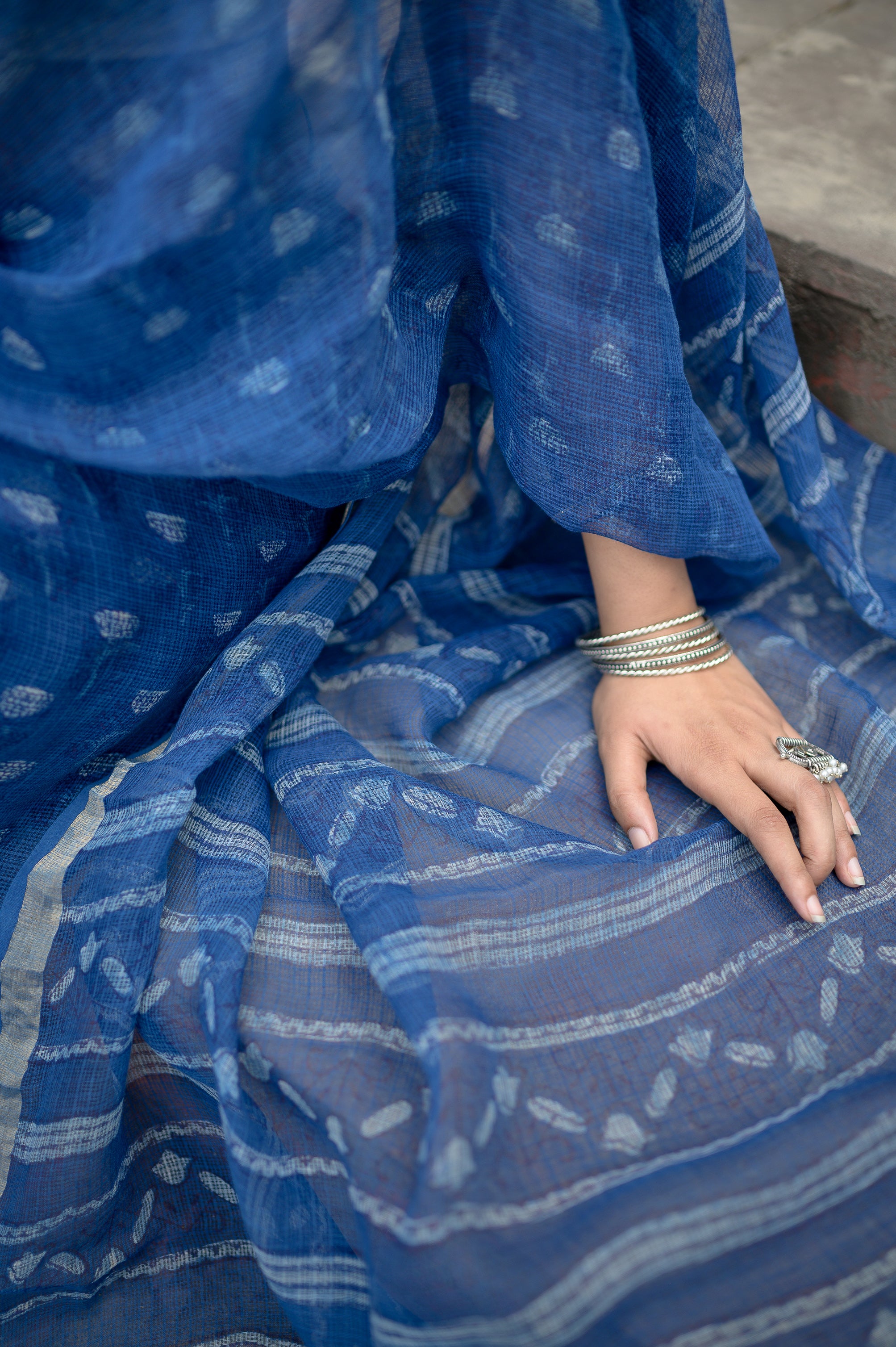 KaisorI Malhar Aasmaan Kota blockprinted cotton silk saree