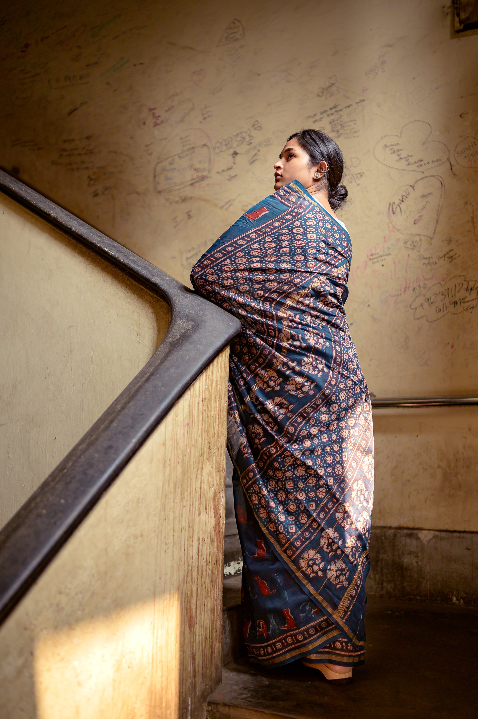 Kaisori Malhar - Dabu Pharad  Meethi Indigo handblockprinted Silk Cotton saree