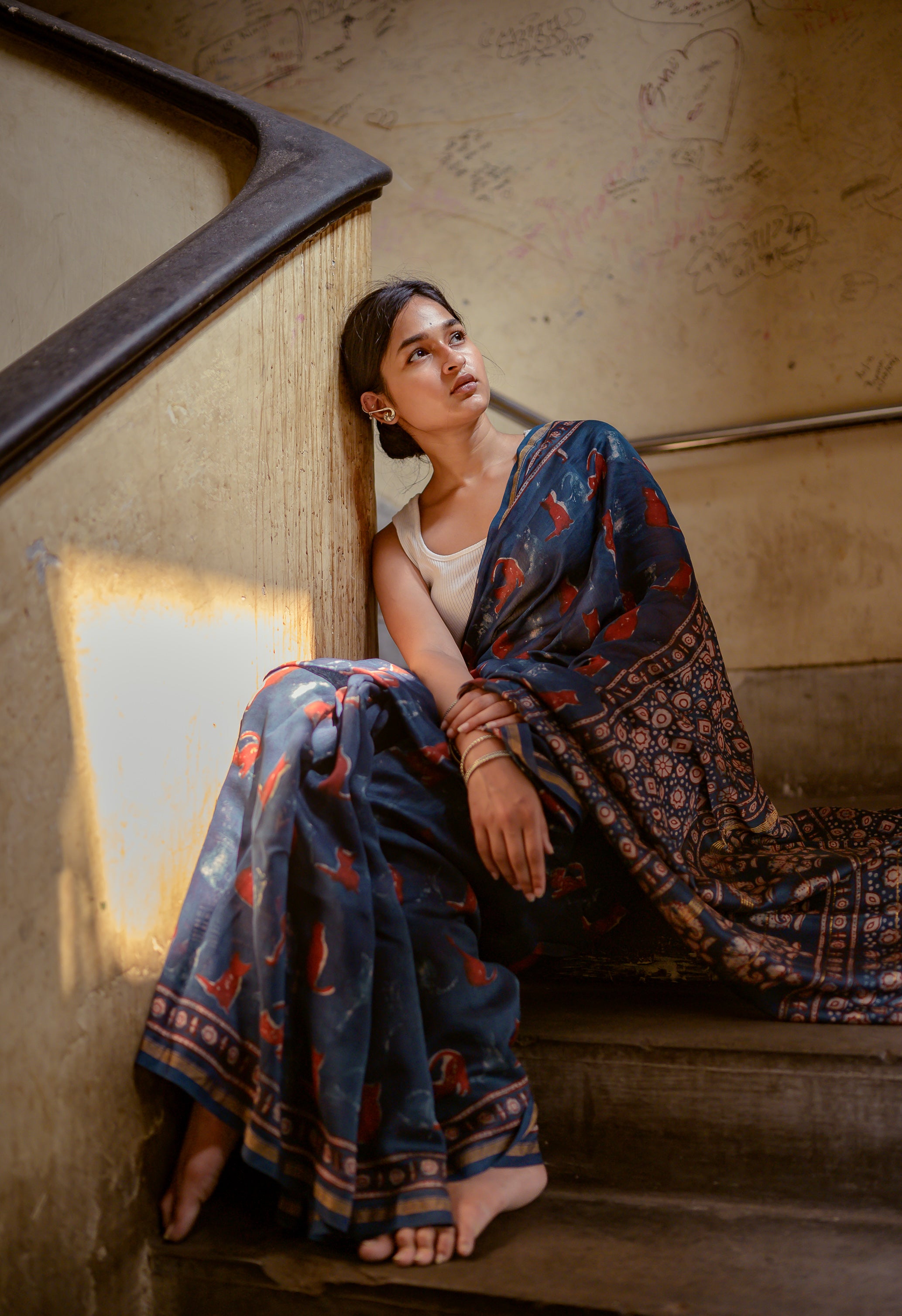 Kaisori Malhar - Dabu Pharad  Meethi Indigo handblockprinted Silk Cotton saree
