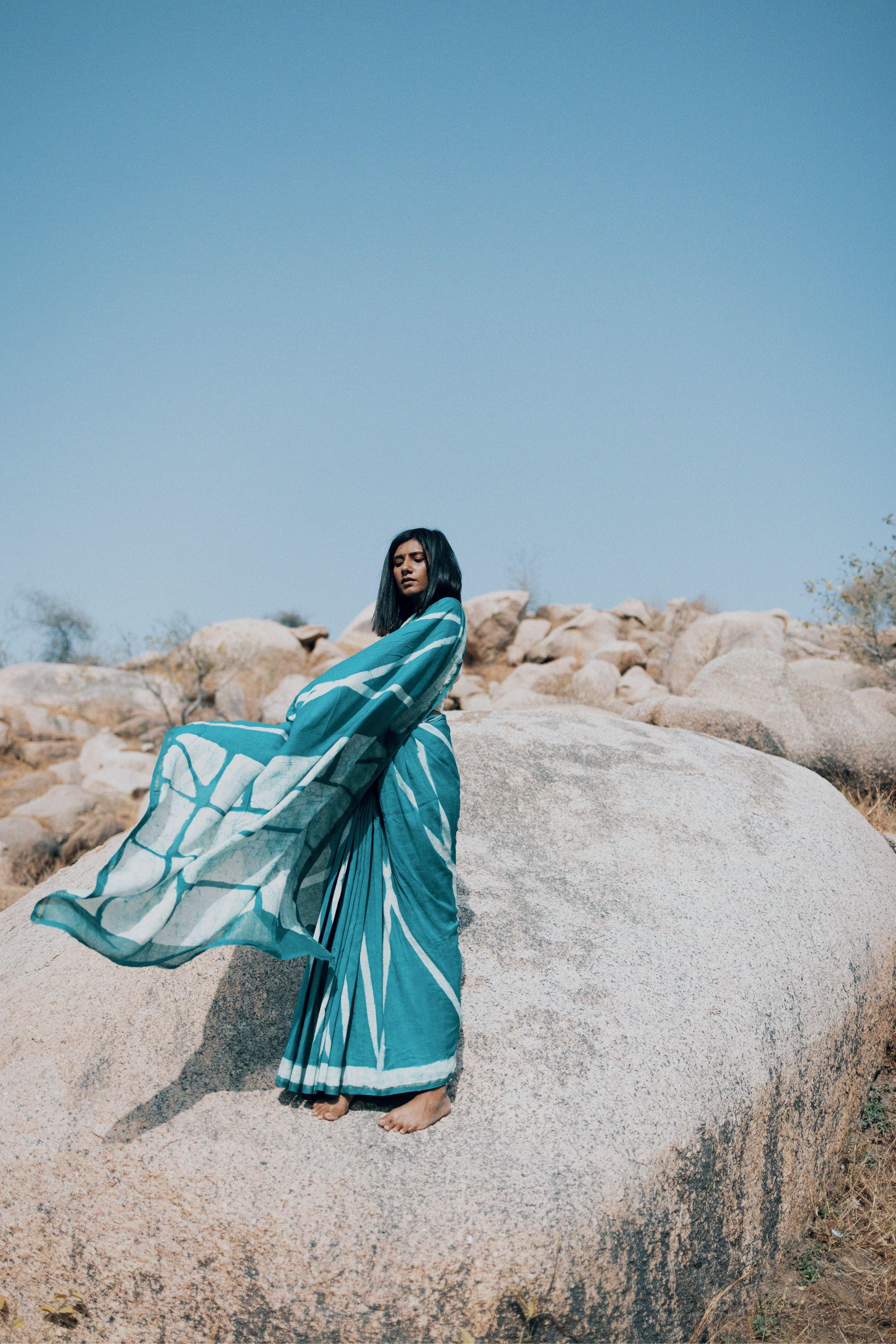 Zahra Bagru Batik dyed Light Blue Silk cotton Saree Kaisori