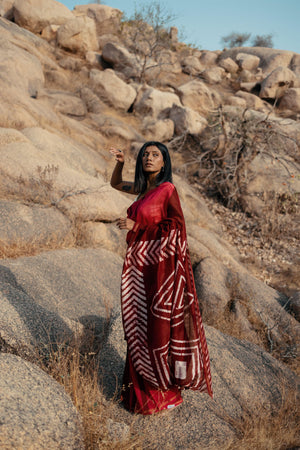 Zahra Bagru Batik dyed Red Silk cotton Saree Kaisori
