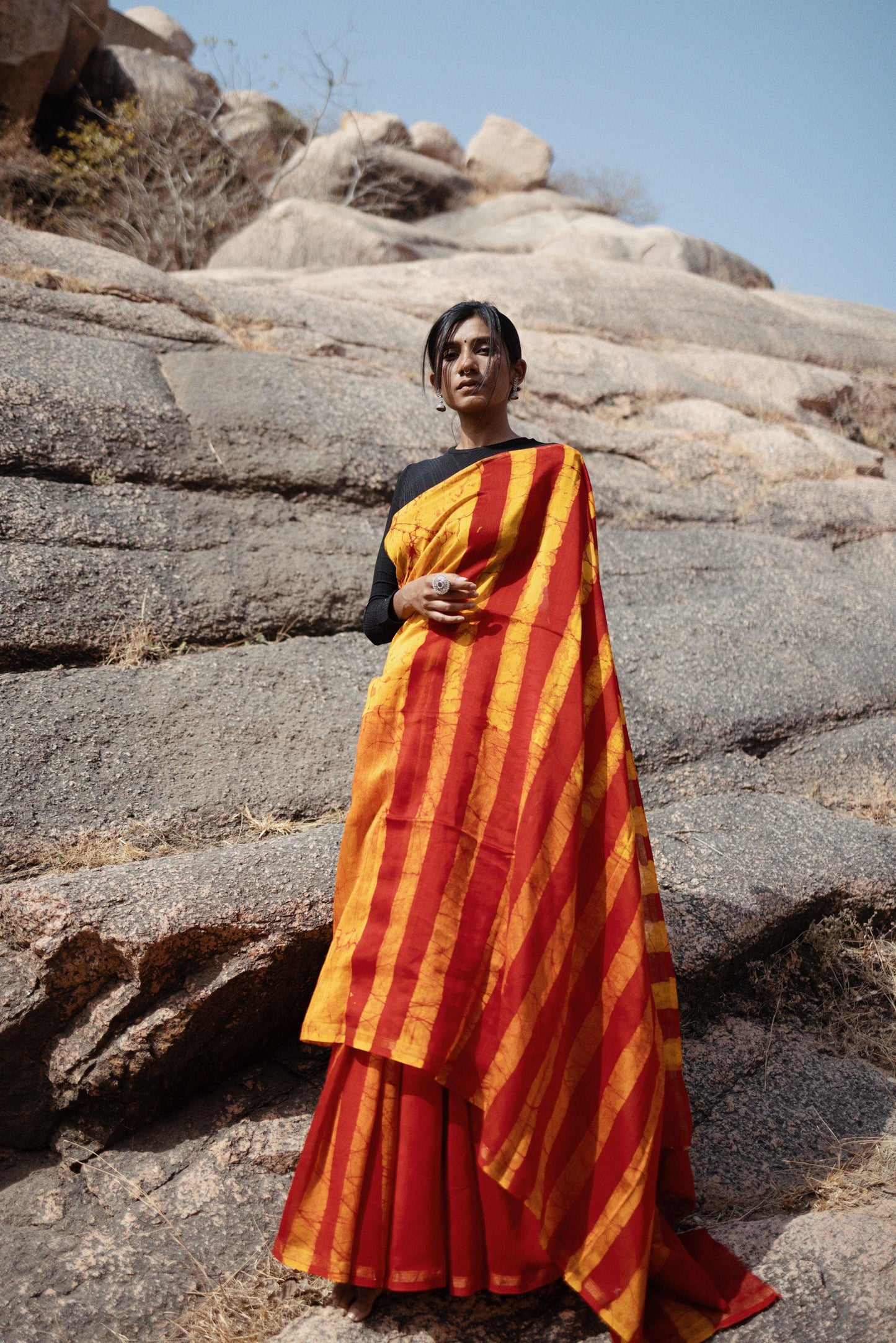 Zahra Batik dye Orange Silk cotton Saree Kaisori