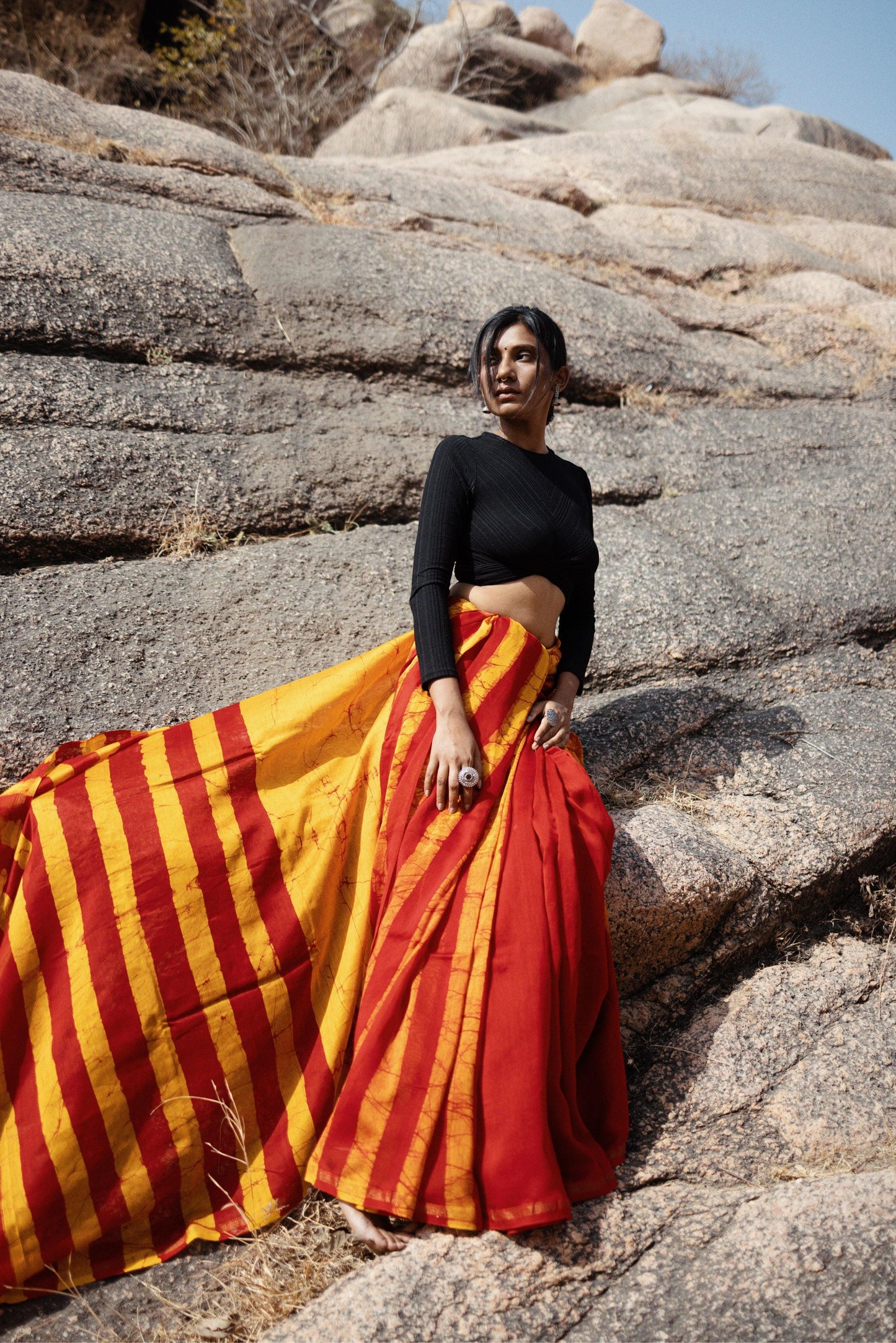 Zahra Batik dye Orange Silk cotton Saree Kaisori