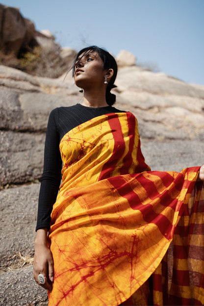 Zahra Batik dye Orange Silk cotton Saree Kaisori