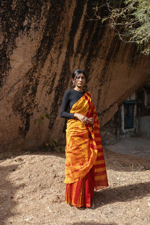 Zahra Batik dye Orange Silk cotton Saree Kaisori