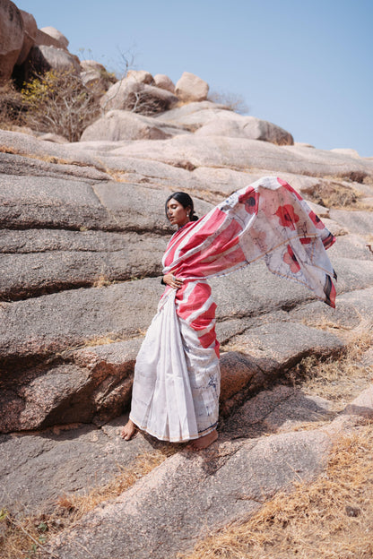 Zahra Batik dye white pink Silk cotton Saree Kaisori