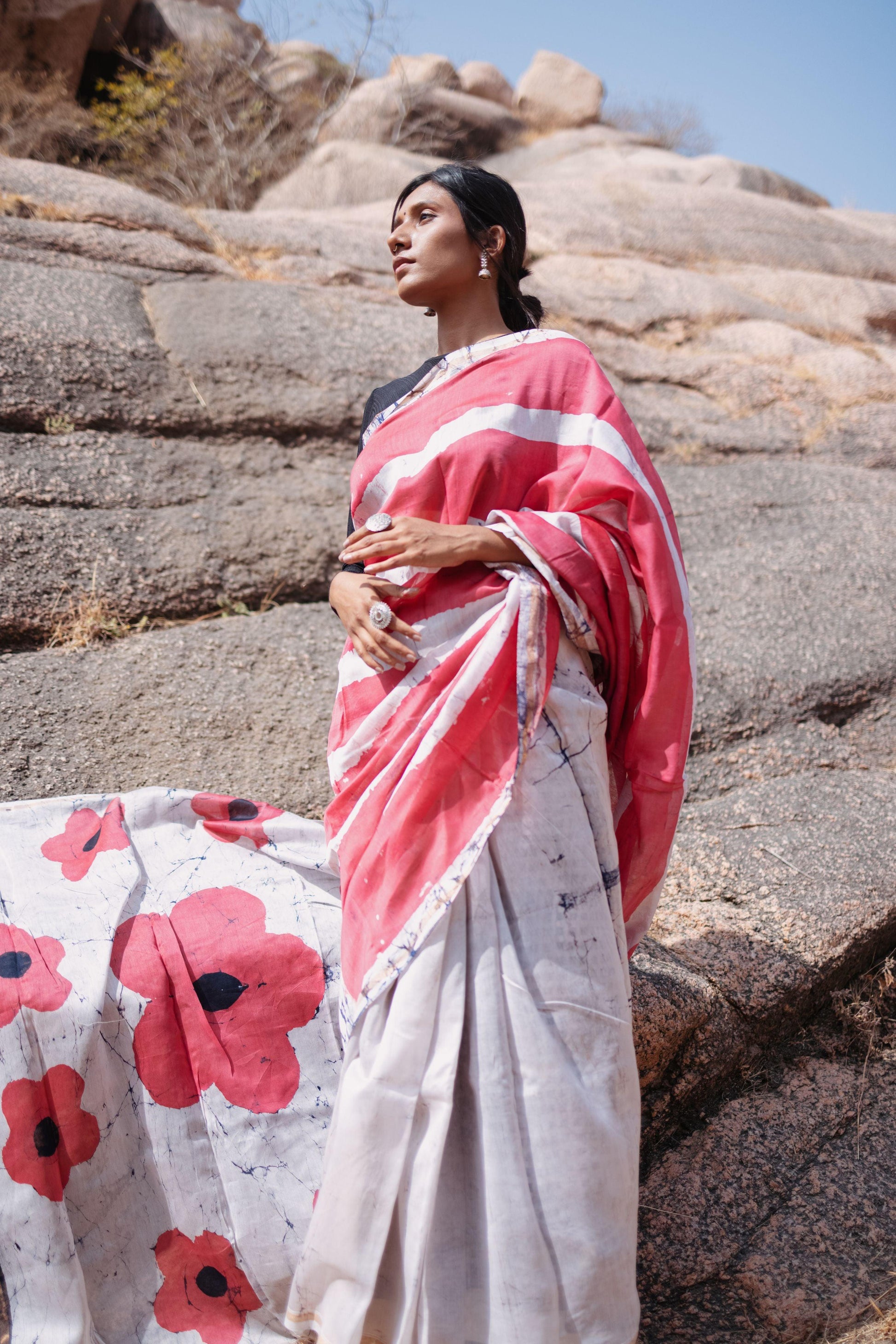 Zahra Batik dye white pink Silk cotton Saree Kaisori