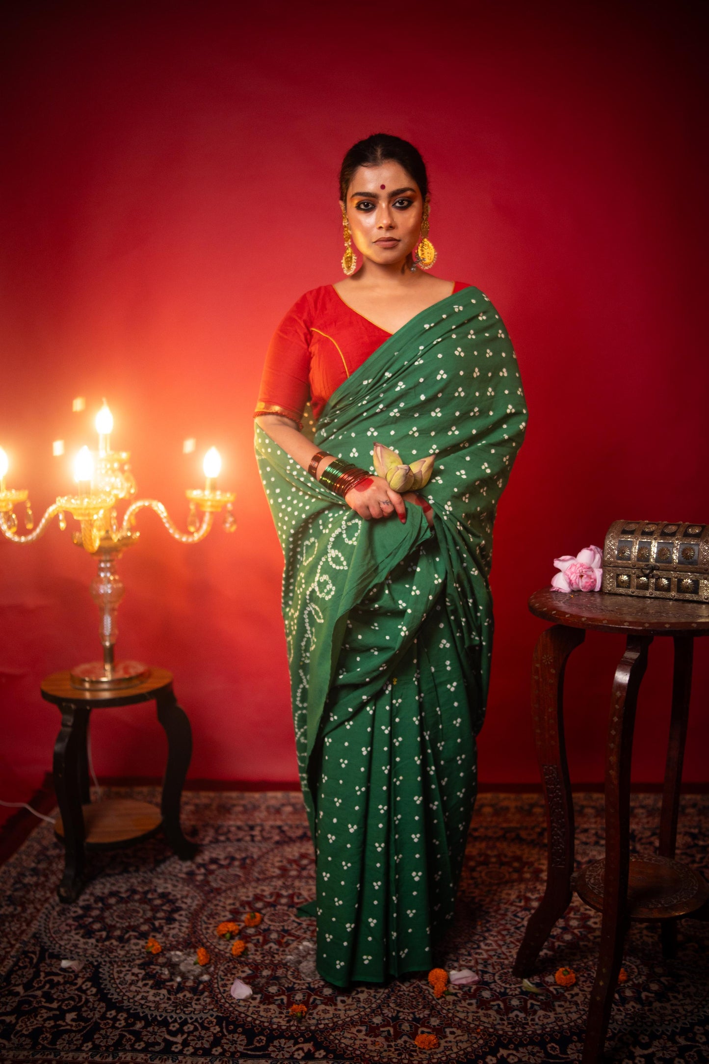 Hand knotted Kutchi Bandhani green cotton saree - Boondh
