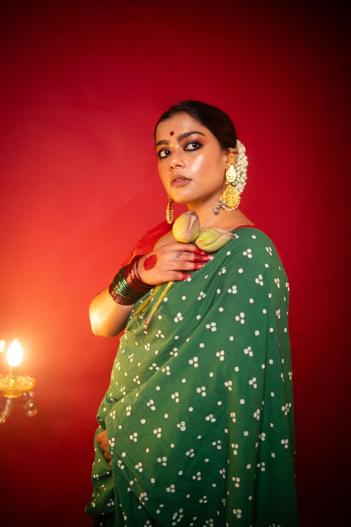 Hand knotted Kutchi Bandhani green cotton saree - Boondh