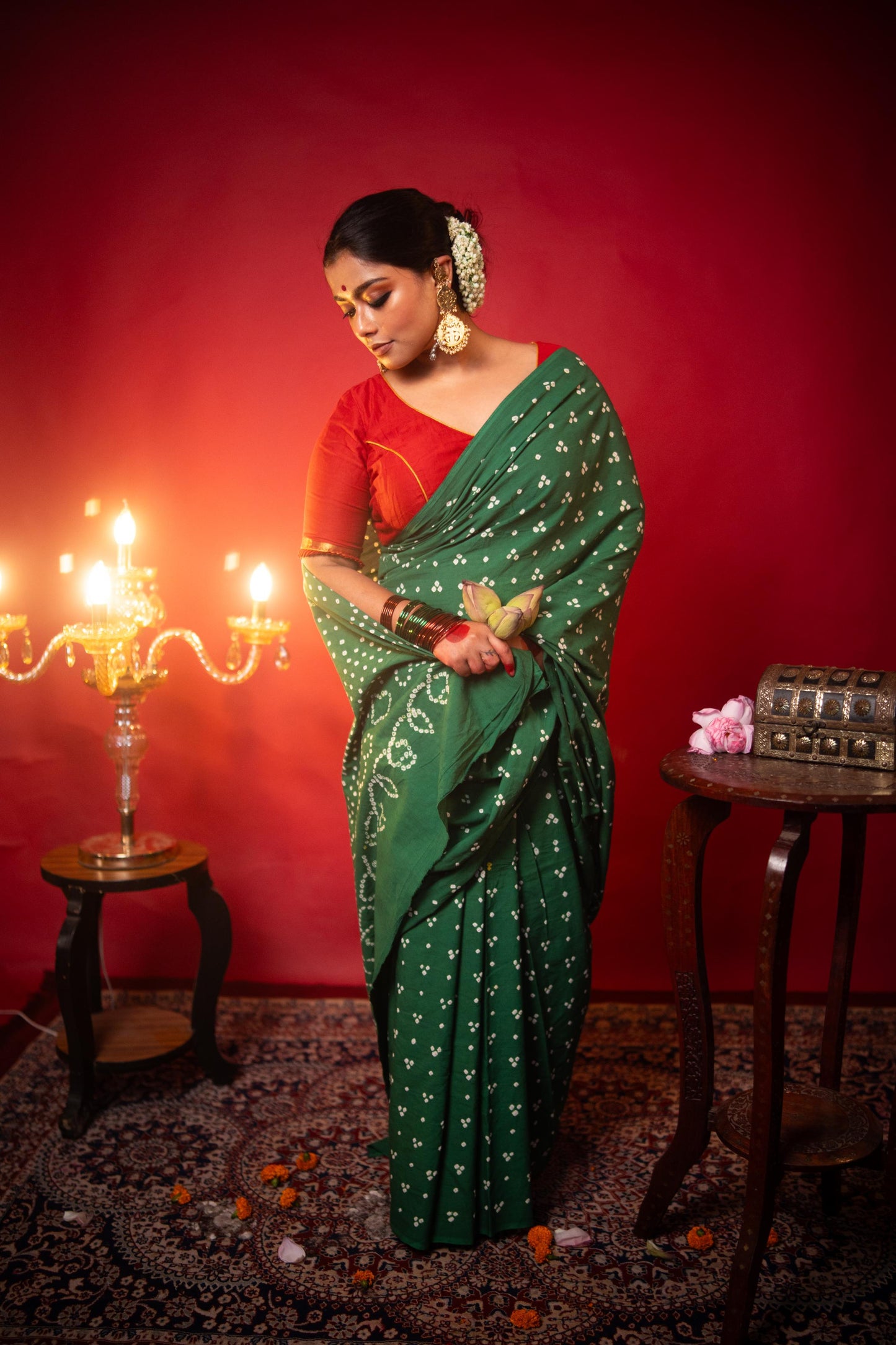 Hand knotted Kutchi Bandhani green cotton saree - Boondh