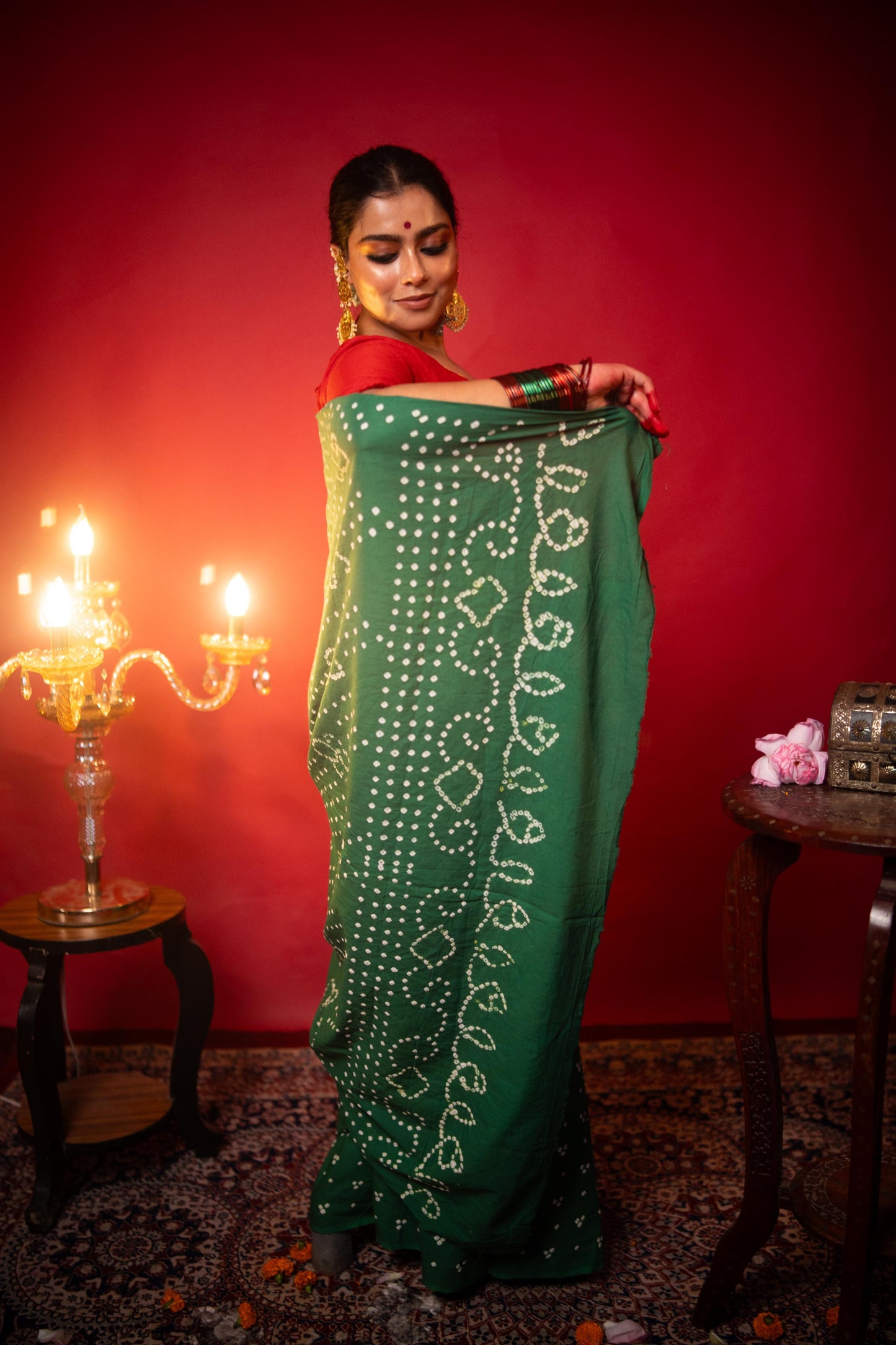 Hand knotted Kutchi Bandhani green cotton saree - Boondh
